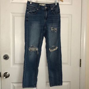GARAGE Mid rise distressed jeans 98% Cotton stretch blue busted knee size 1